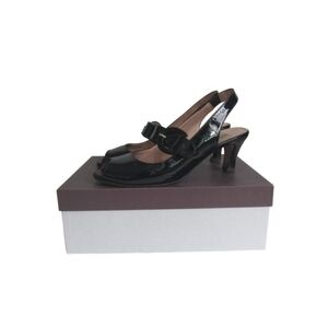 Anyi Lu Tulip Patent Leather Peep Toe Buckle Strap Slingback Pumps Women's 39.5